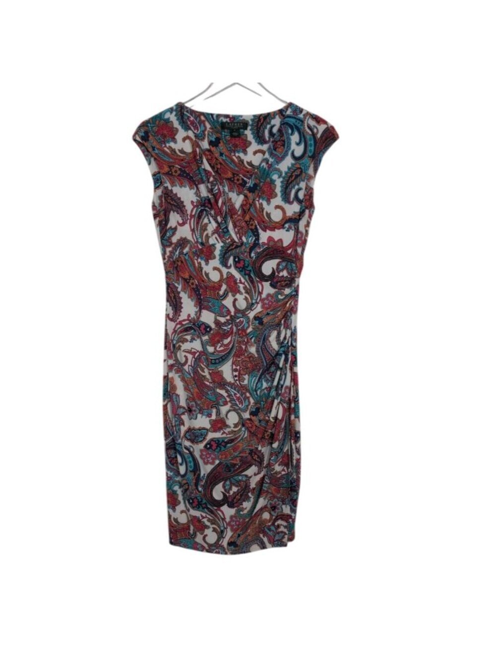 Lauren Ralph Lauren Paisley Dress Womens Size 4 White Ruched Stretch V Neck